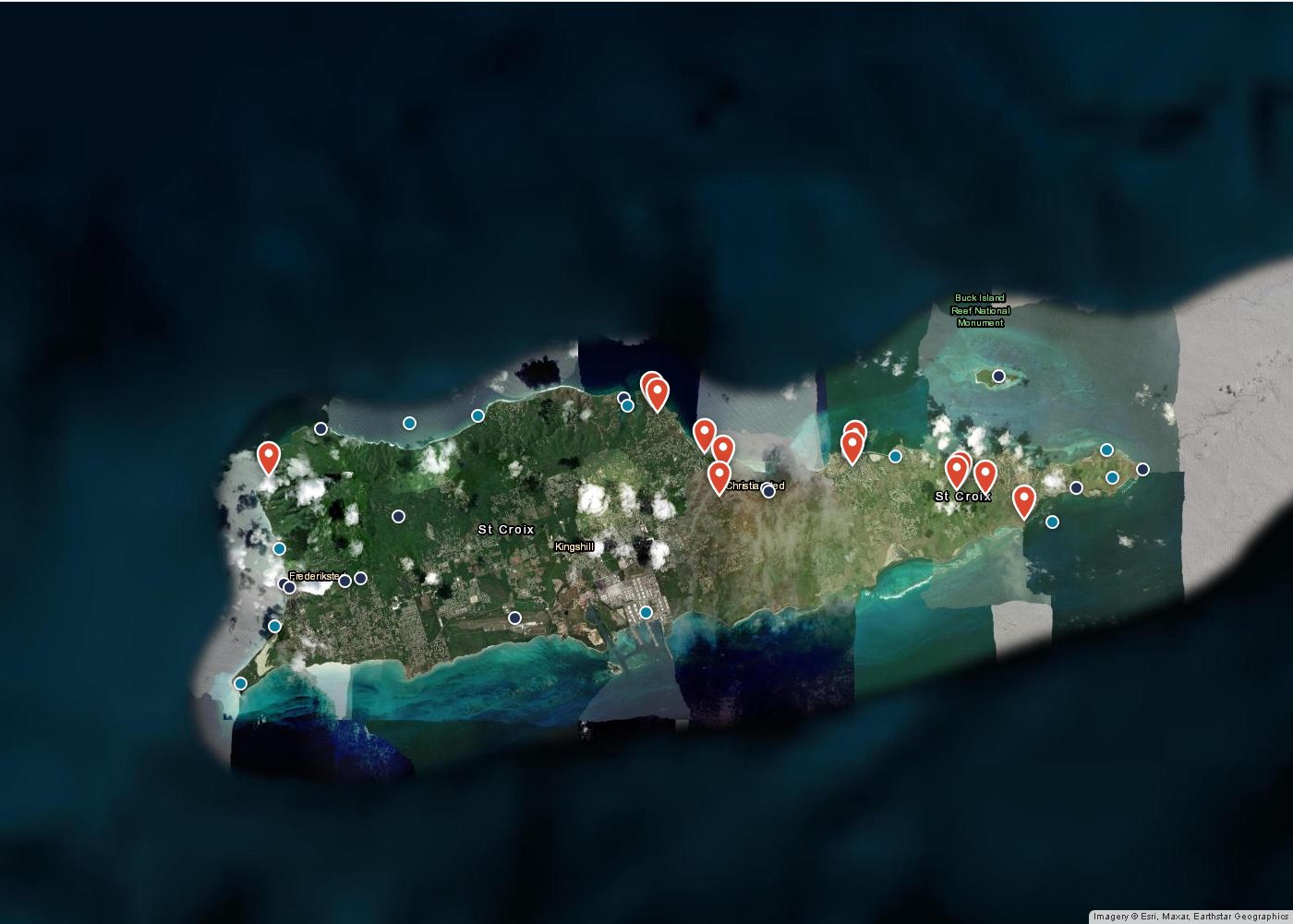Satellite map of St. Croix showing the villa locations