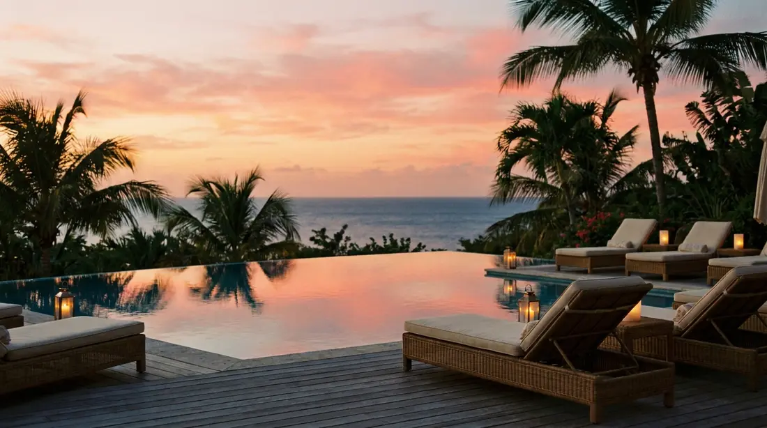 A villa infinity pool overlooking the Caribbean sea at sunset